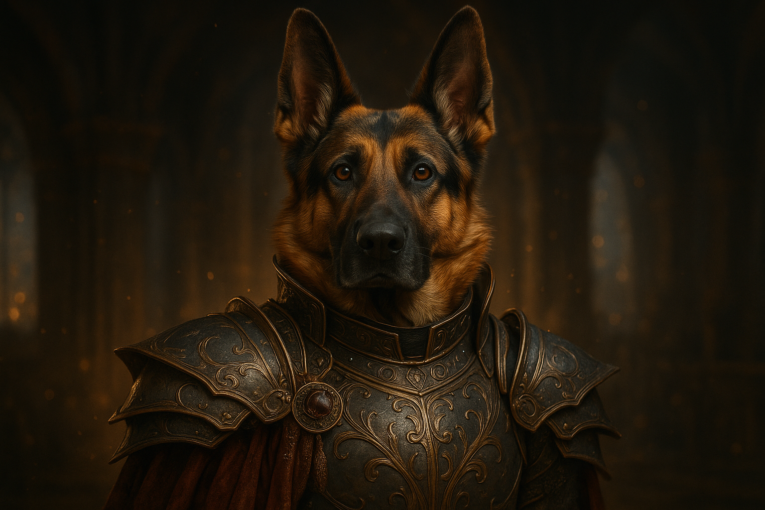 A hyper realistic 4K fantasy-style digital illustration of a German Shepherd in royal armor, glowing ambient lighting, cinematic background.