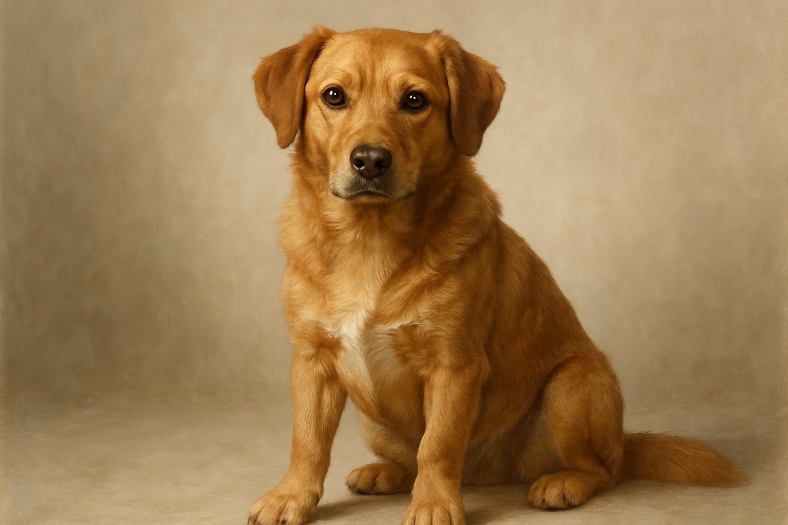 A realistic AI digital painting of a dog sitting on a neutral background, bright lighting, detailed fur texture, lifelike expression