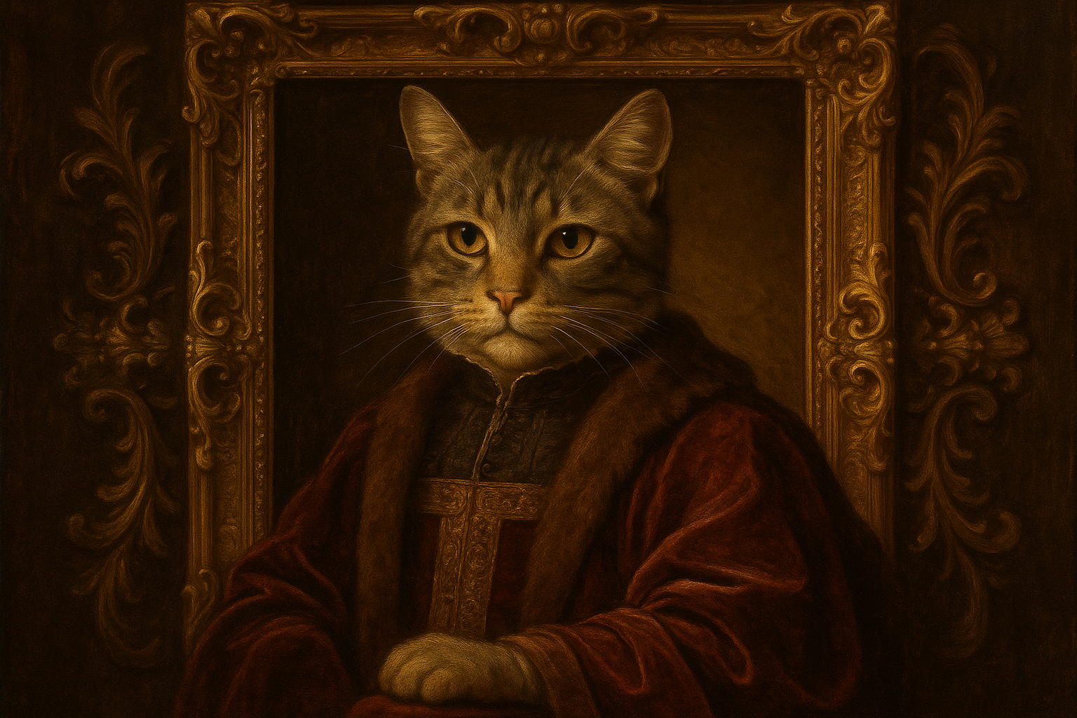 A stylized portrait of a cat in a regal art style, Renaissance lighting, elegant clothing, ornate gold frame background.